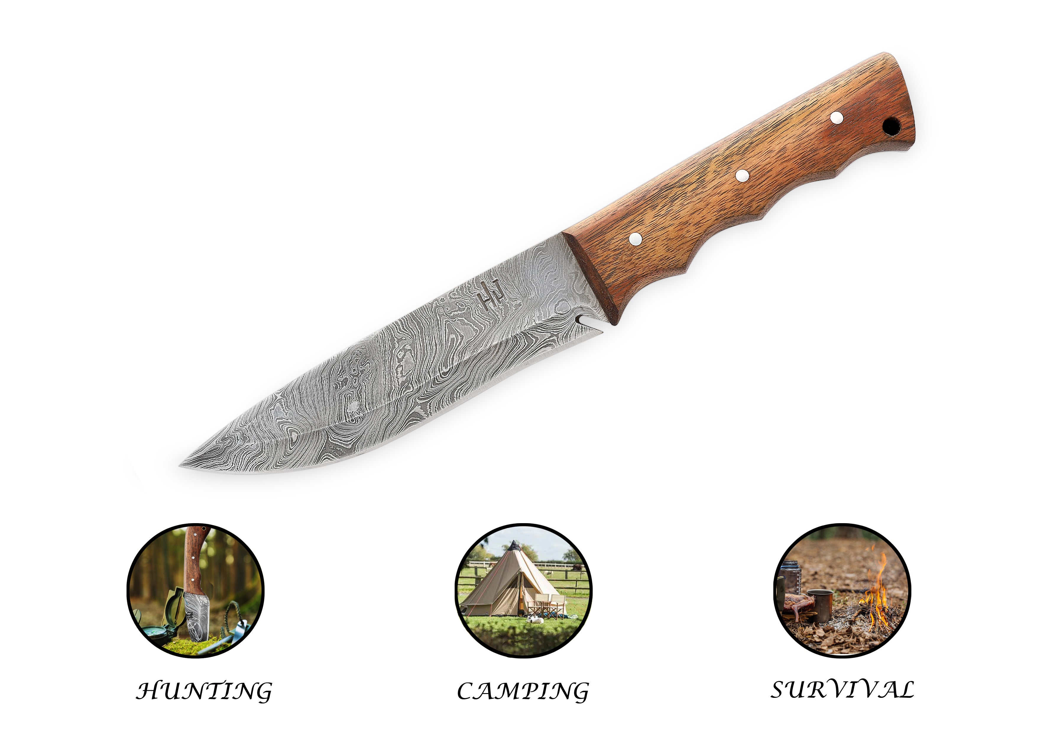 Damascus Steel Survival Knife, Damascus Steel Hunting Knife with Leather Sheath