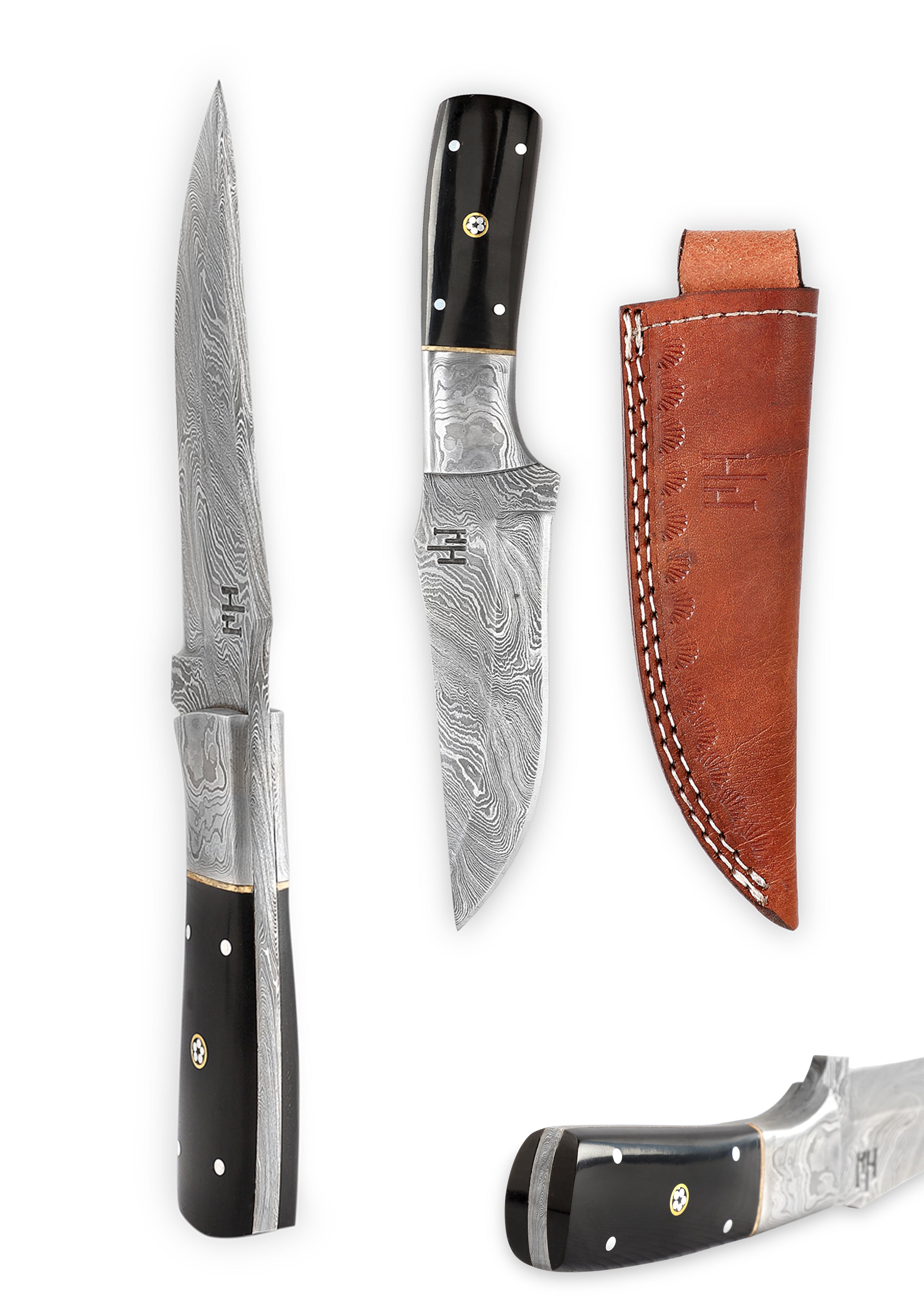 Fixed Blade Hunting Knife Damascus Steel Full Tang Buffalo Horn Handle