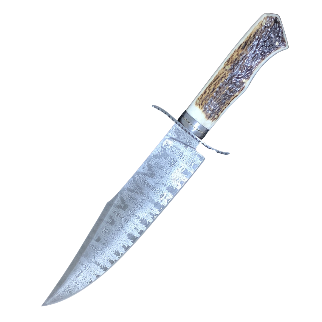 Fixed Blade Hunting Knife Bowie Knife Handmade Deer Antler Handle Unique Pattern One Kind of Handcrafted Hunting Knife