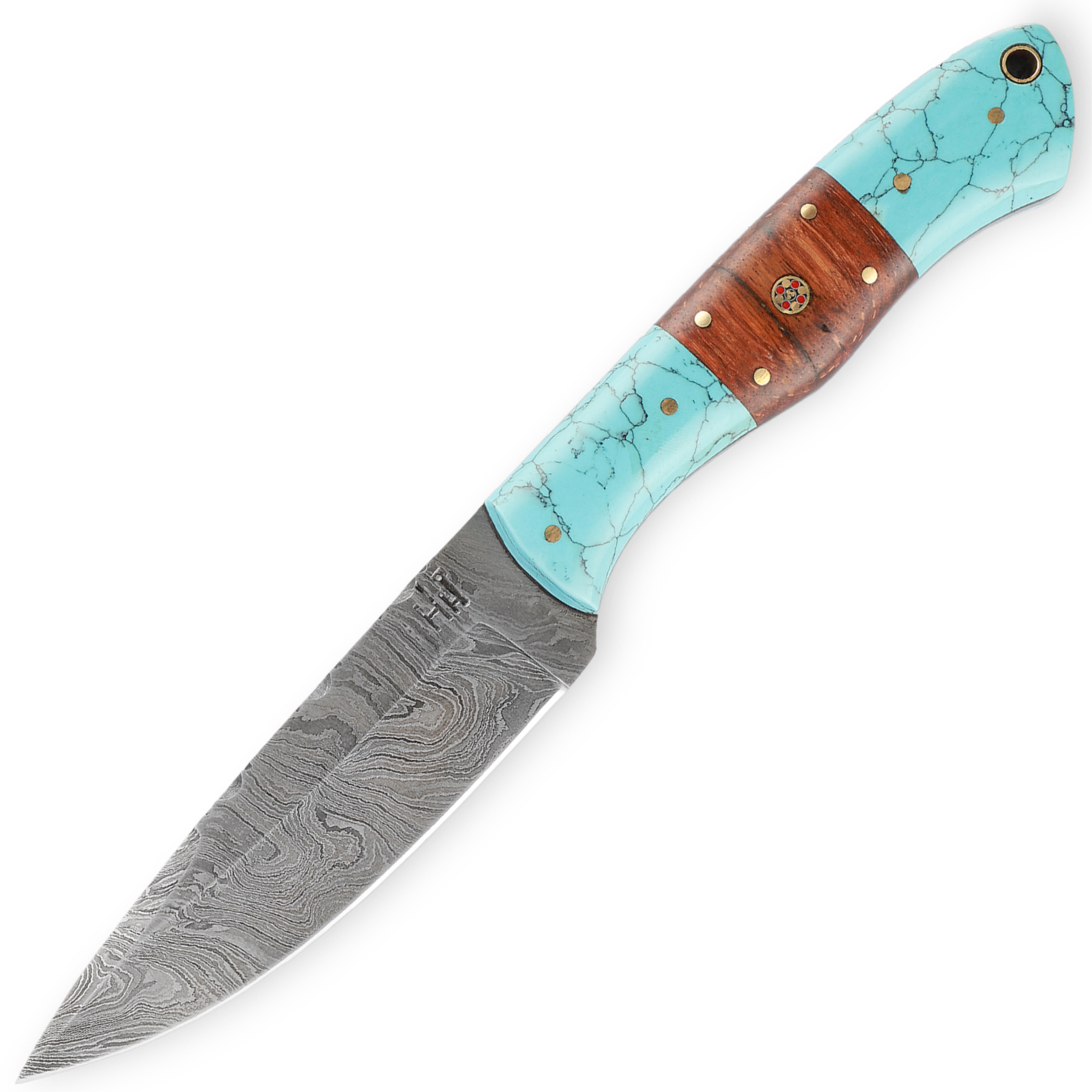 Handmade Bushcraft Damascus Steel Knife | Hunting Knife with Leather Sheath, Wood and Turquoise Handle | Full Tang, Fixed blade