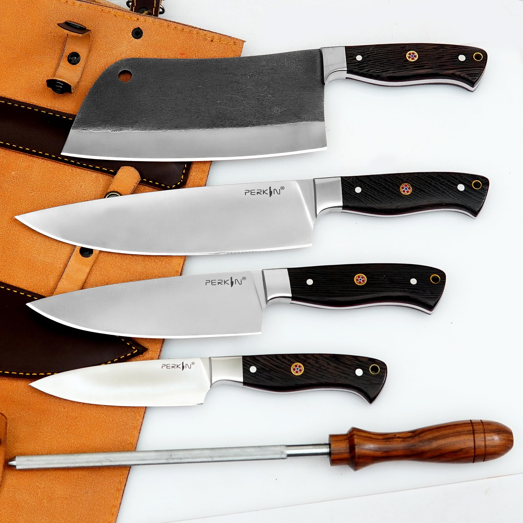 Chef Knives Butcher Knife Set for Meat Cutting Kitchen Knives Cleaver Knife and Sharpener with Roll Bag 6 PCS