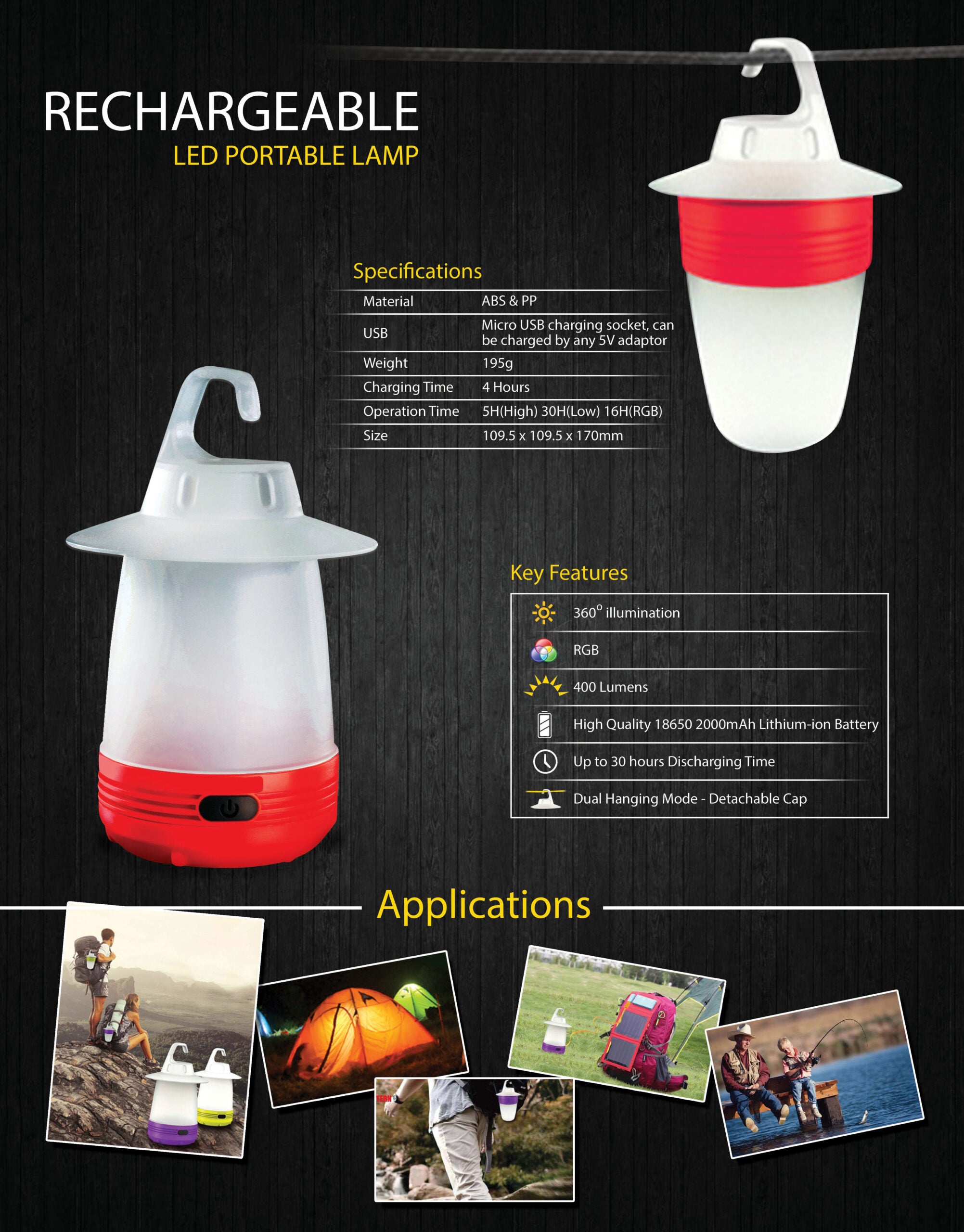 4W LED Rechargeable Portable Camping Light with 2000mAh Li Battery