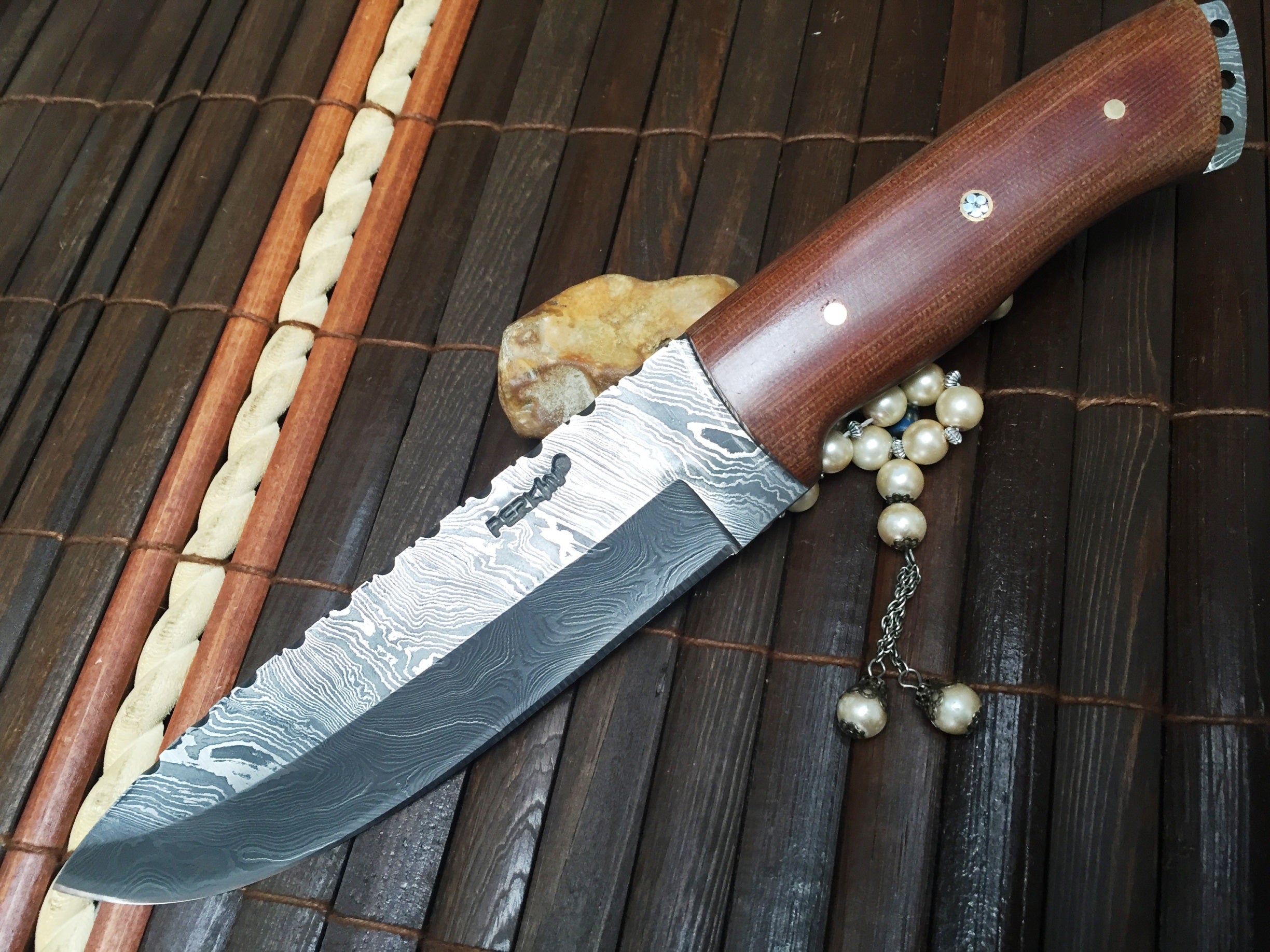 Handmade Damascus Hunting Knife with Leather Sheath