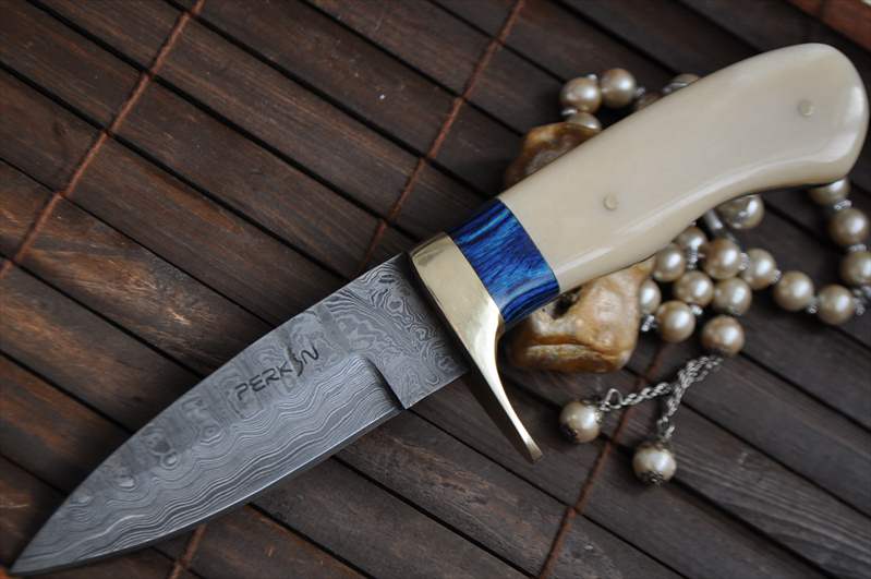 Custom Damascus Hunting Knife With Mammoth Handle & Sheath