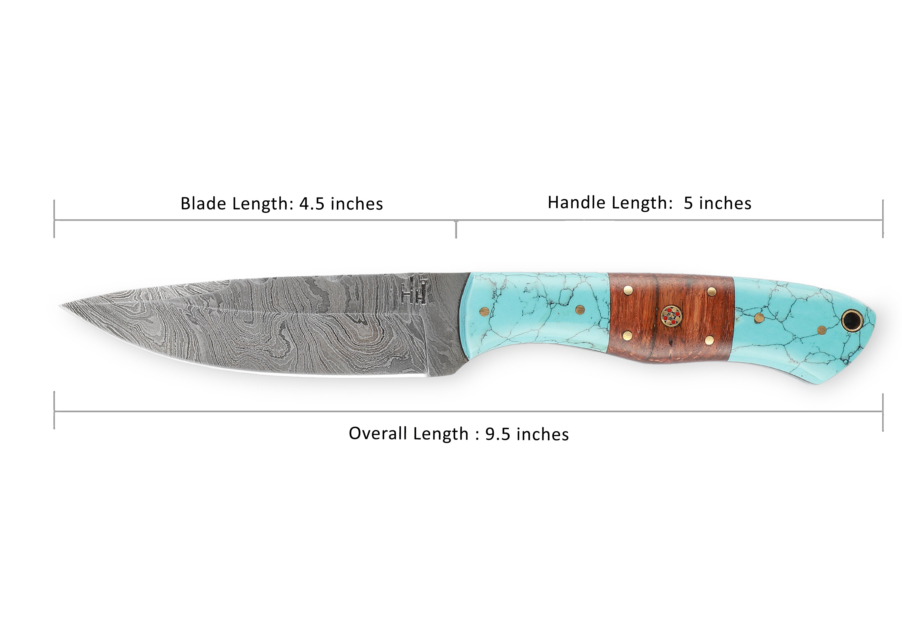 Handmade Bushcraft Damascus Steel Knife | Hunting Knife with Leather Sheath, Wood and Turquoise Handle | Full Tang, Fixed blade