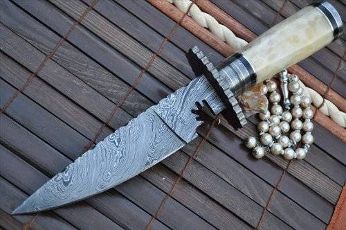 Damascus Steel Bowie Knife with Leather Sheath