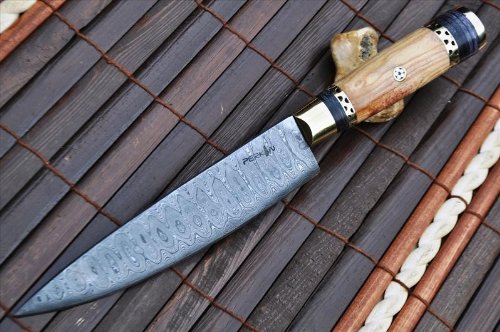 Handcrafted Damascus Chef Knife Root Wood & Mosaic Pin Handle