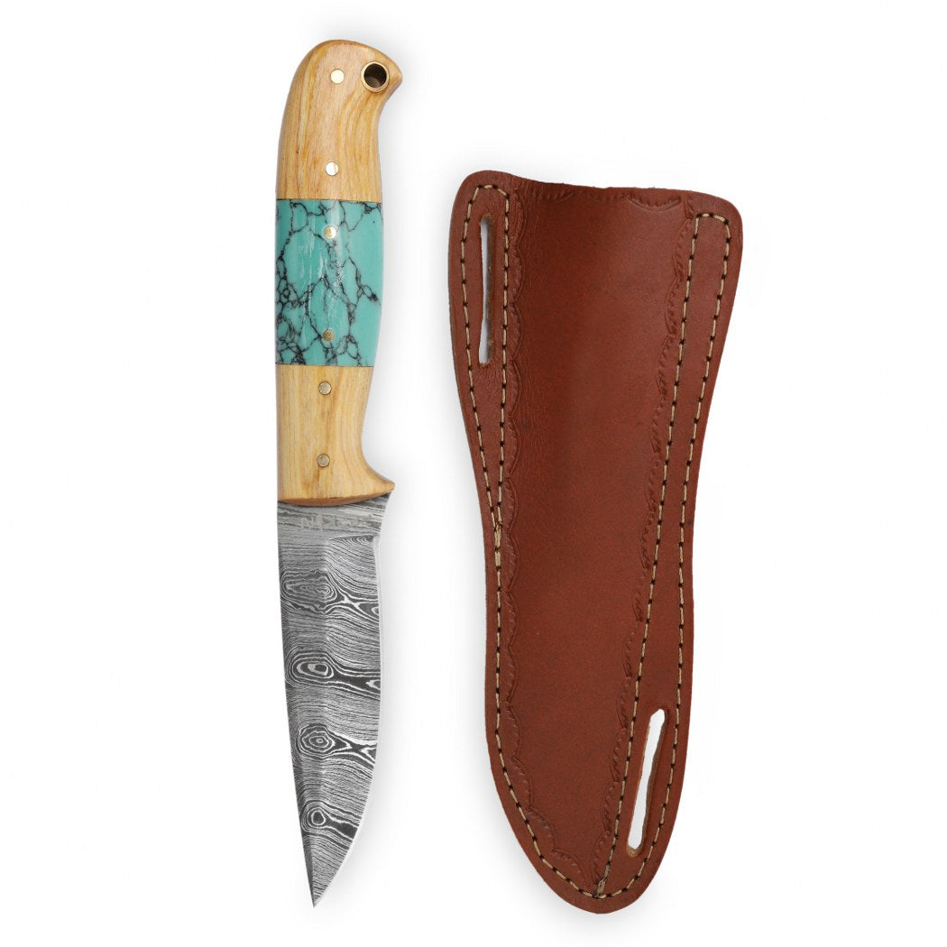 Perkin Damascus Hunting Knife With Sheath Fixed Blade Knife Bushcraft Knife Full Tang - T100