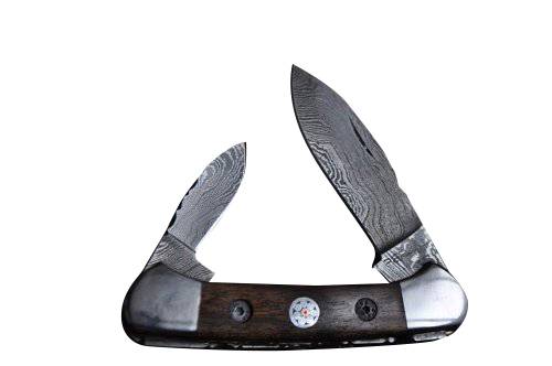 Damascus Steel Pocket Knife With Twin Blades