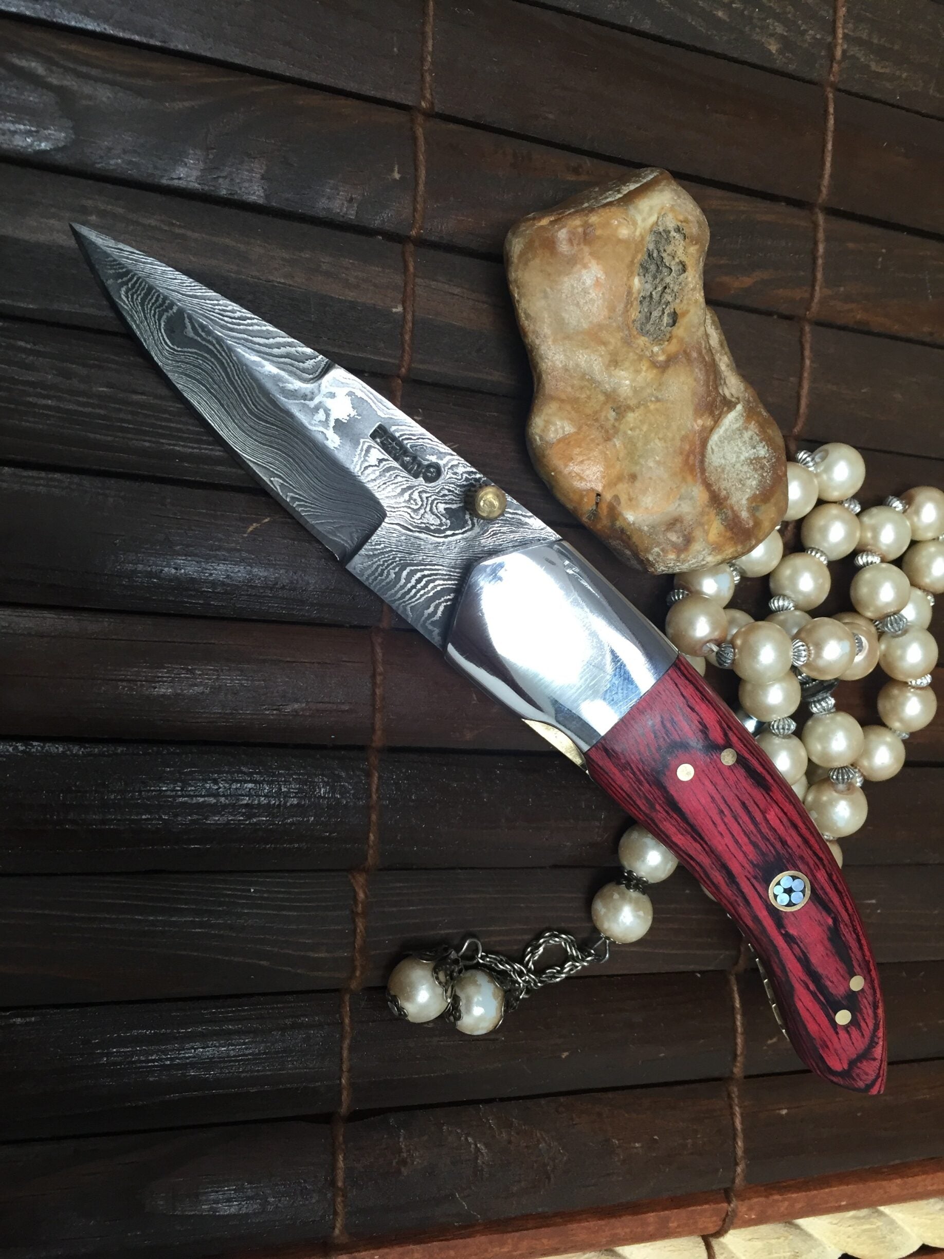 Folding hunting knife with sheath Damascus steel knife