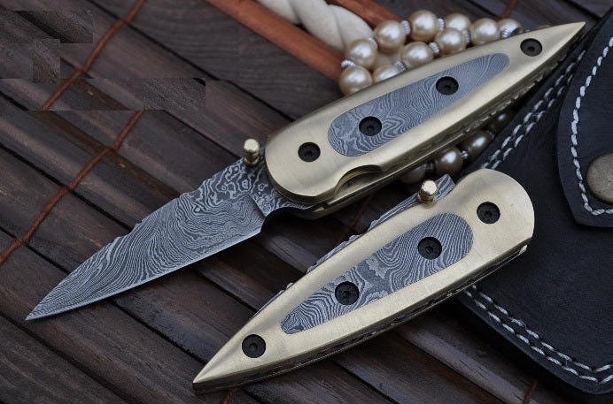 All Damascus Folding Knife Fabulous with Brass Work - Perkin
