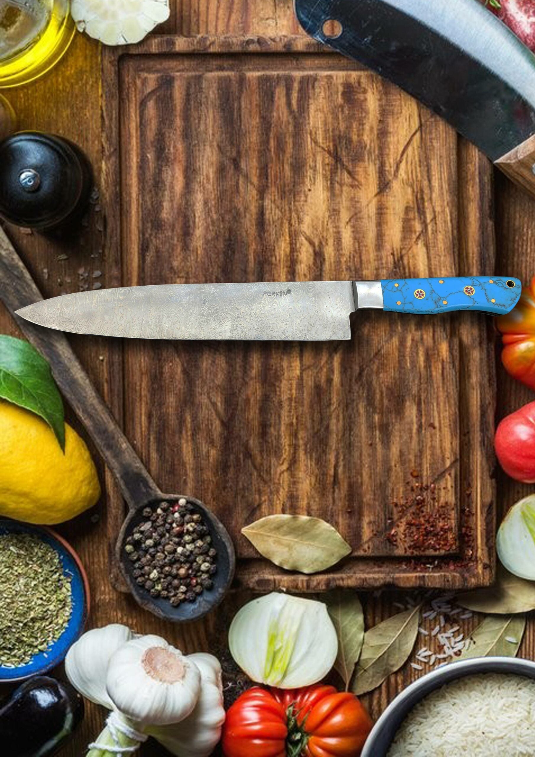 Professional Chef Knife with Stainless Damascus Steel & Turquoise Handle