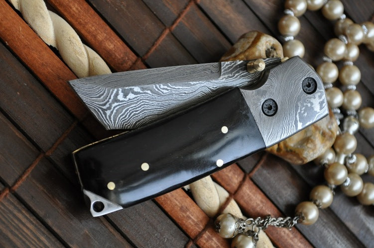 Custom Made Damascus Folding Knife with Tanto Blade & Buffalo Horn Handle