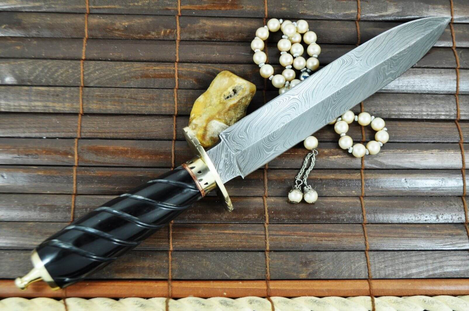 Double Edge Damascus Hunting Knife with Brass Guard and Pommel