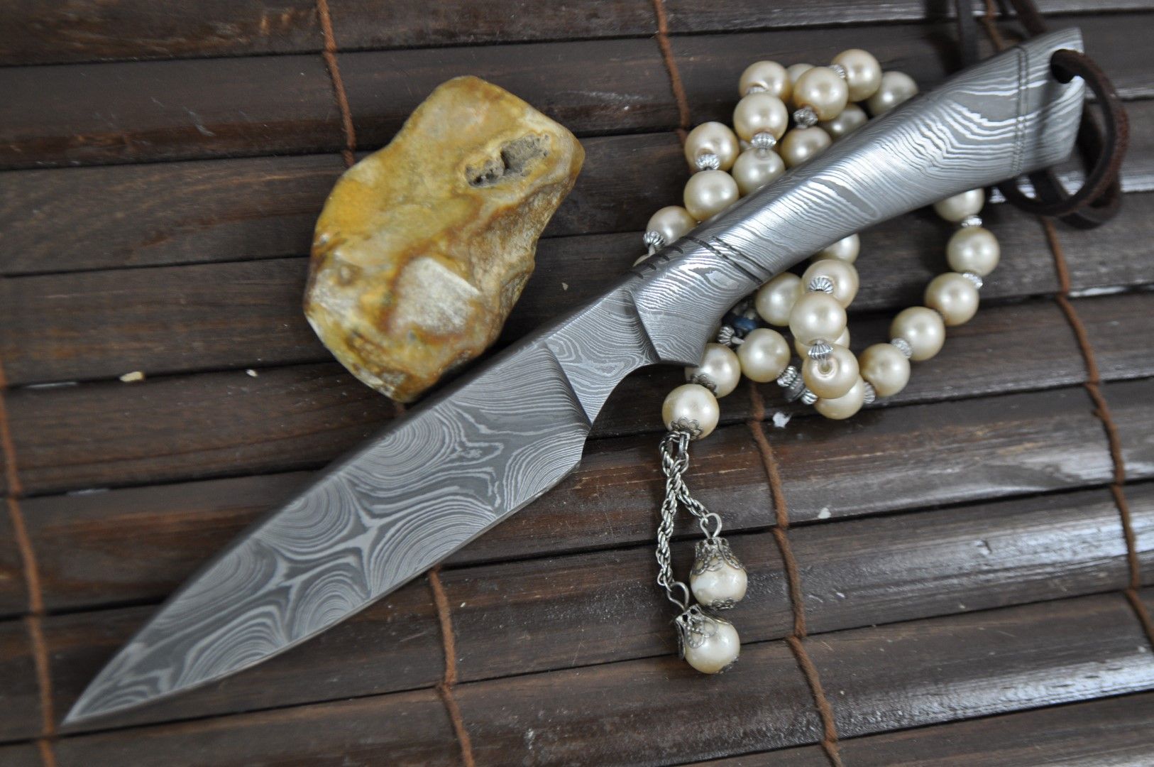 Beautiful Custom All Damascus Knife with Leather Sheath