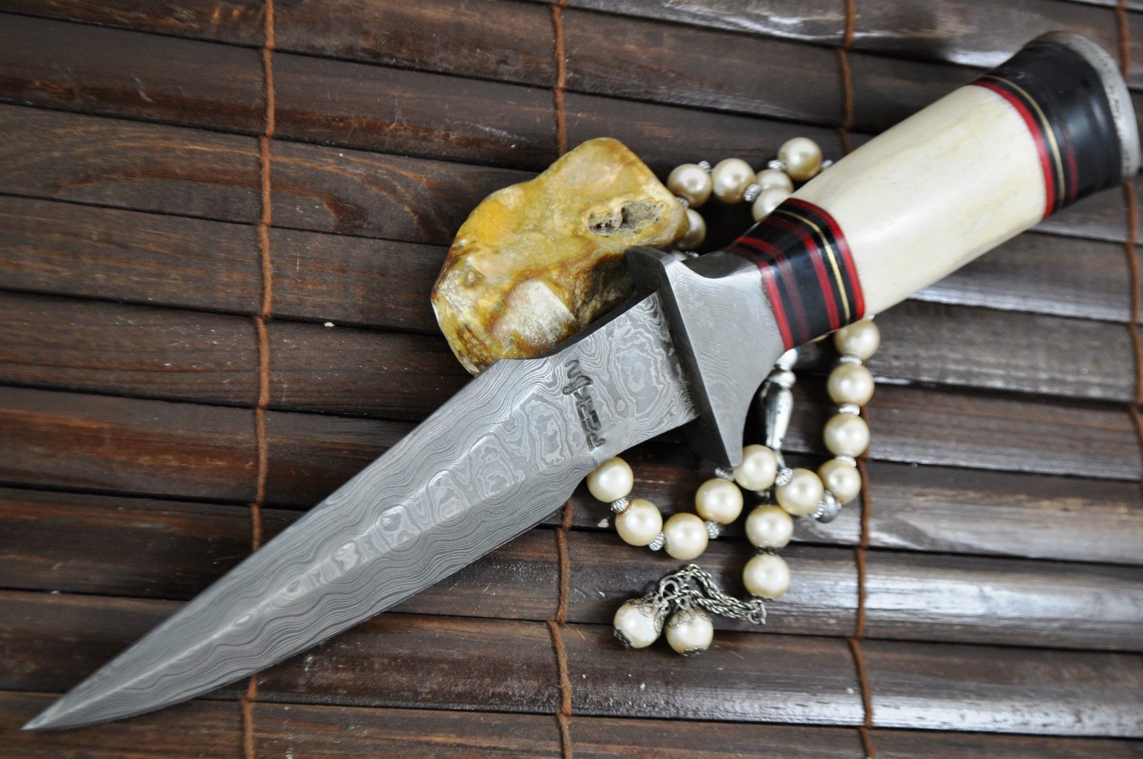 Handmade Damascus Hunting Knife with Bone & Wood Handle