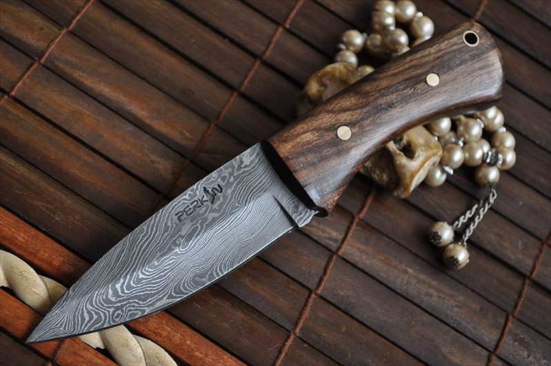 Damascus Steel Bushcraft Knife with Burl Wood - Work of Art by Chris