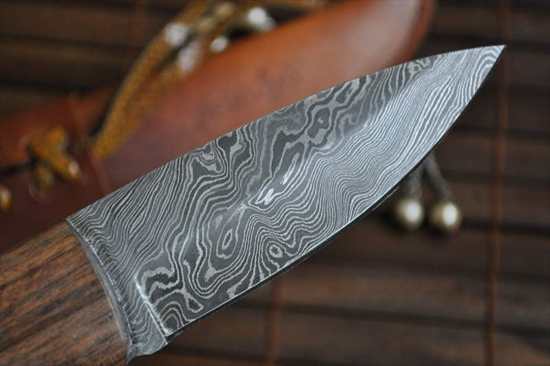 Damascus Steel Bushcraft Knife with Burl Wood - Work of Art by Chris