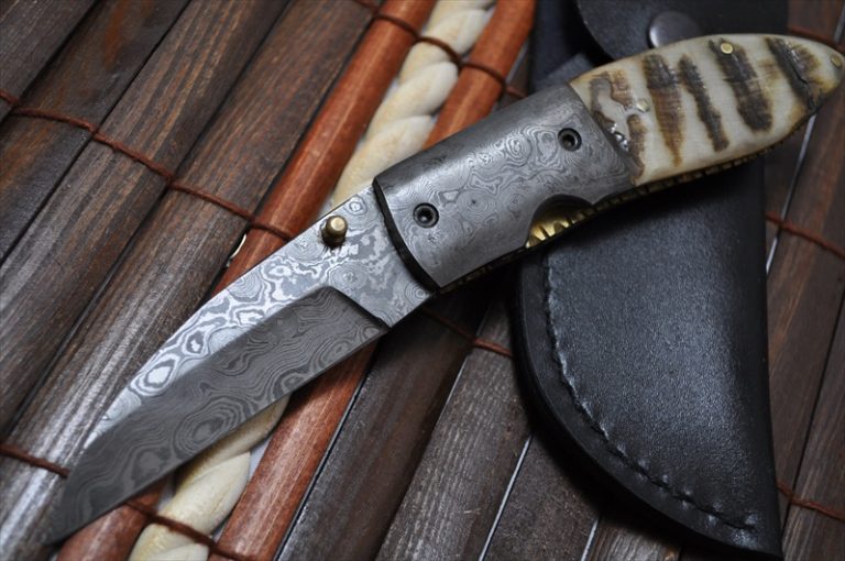 Custom Damascus Folding Knife with Sheep Horn Handle