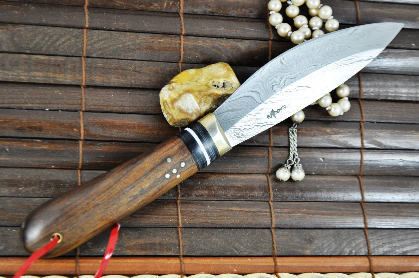 Custom Handmade Damascus Hunting Knife with Burl Wood Handle