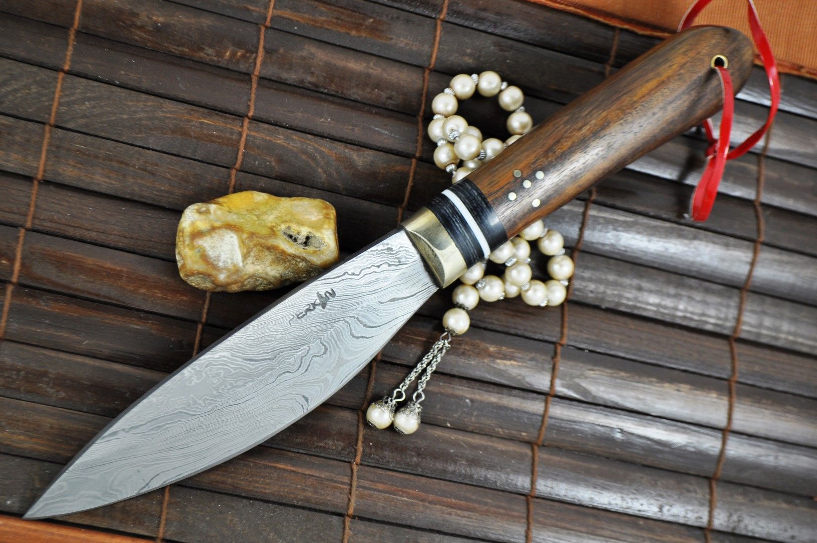 Custom Handmade Damascus Hunting Knife with Burl Wood Handle