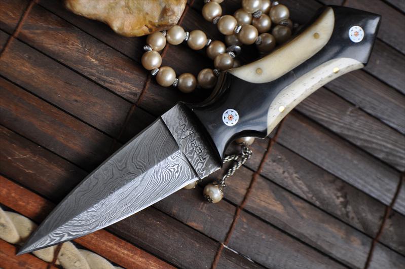 Damascus Custom Made Hunting Knife with Natural Bone in Handle
