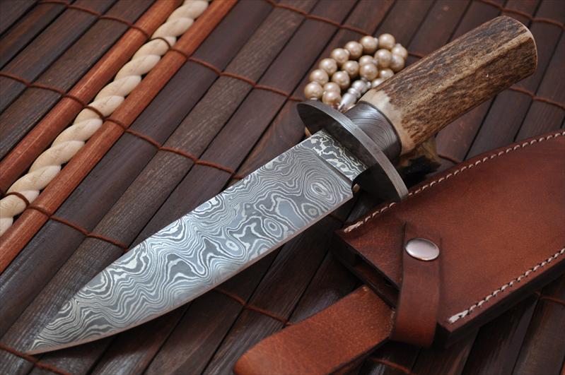 Damascus Hunting & Bowie Knife Handmade with American Stag Antler Handle