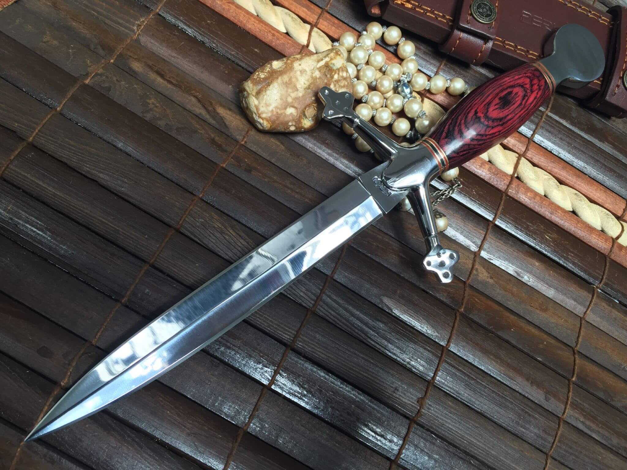 Handmade Hunting Knife with Double Edge Blade & Leather Sheath